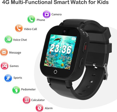 Phyulls 4G Kids Smart Watch Boys مع جهاز تعقب GPS ومكالمات الفيديو، مقاوم للماء بمفتاح واحد SOS مكالمة صوتية كاميرا إنذار رياضية عداد الخطى GPS ساعة تعقب للأولاد من سن 4 إلى 12 عامًا in Kuwait