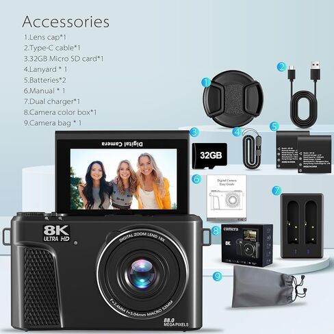 أحدث كاميرا رقمية 8K للتصوير الفوتوغرافي لعام 2025، وكاميرا تسجيل فيديو بدقة 88 ميجابكسل لليوتيوب مع شاشة قابلة للطي 3 بوصات بزاوية 180 درجة، وتكبير رقمي 18X، وبطاقة SD سعة 32 جيجابايت، وبطاريتين (معدنية) in Kuwait