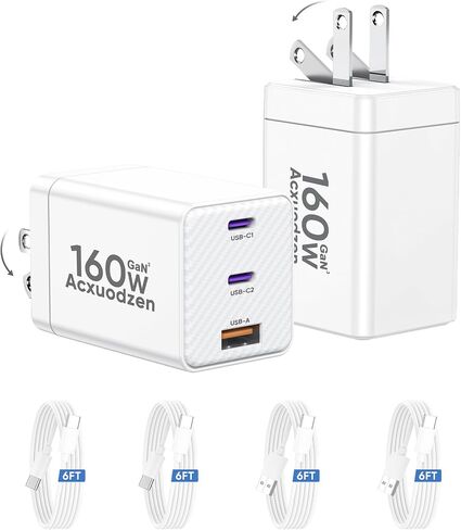 حزمة شاحن USB C مكونة من قطعتين، شاحن سريع بـ 3 منافذ مع 4 كابلات شحن بطول 6 أقدام، كتل شحن سريعة مدمجة قابلة للطي PPS PD QC3.0 لأجهزة MacBook وiPhone وSamsung وGalaxy وiPad وAndroid باللون الأبيض in Saudi Arabia