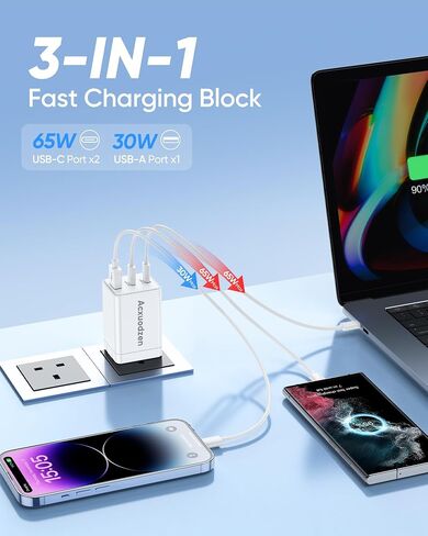 حزمة شاحن USB C مكونة من قطعتين، شاحن سريع بـ 3 منافذ مع 4 كابلات شحن بطول 6 أقدام، كتل شحن سريعة مدمجة قابلة للطي PPS PD QC3.0 لأجهزة MacBook وiPhone وSamsung وGalaxy وiPad وAndroid باللون الأبيض in Saudi Arabia