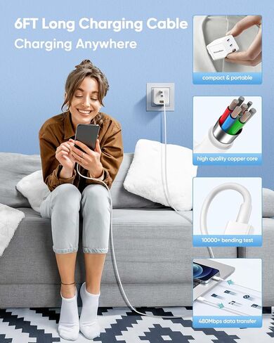 حزمة شاحن USB C مكونة من قطعتين، شاحن سريع بـ 3 منافذ مع 4 كابلات شحن بطول 6 أقدام، كتل شحن سريعة مدمجة قابلة للطي PPS PD QC3.0 لأجهزة MacBook وiPhone وSamsung وGalaxy وiPad وAndroid باللون الأبيض in Saudi Arabia