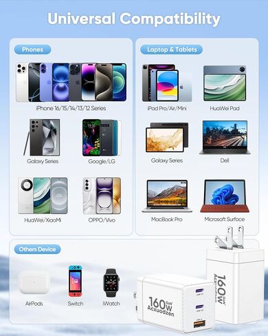 حزمة شاحن USB C مكونة من قطعتين، شاحن سريع بـ 3 منافذ مع 4 كابلات شحن بطول 6 أقدام، كتل شحن سريعة مدمجة قابلة للطي PPS PD QC3.0 لأجهزة MacBook وiPhone وSamsung وGalaxy وiPad وAndroid باللون الأبيض in Saudi Arabia