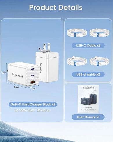 حزمة شاحن USB C مكونة من قطعتين، شاحن سريع بـ 3 منافذ مع 4 كابلات شحن بطول 6 أقدام، كتل شحن سريعة مدمجة قابلة للطي PPS PD QC3.0 لأجهزة MacBook وiPhone وSamsung وGalaxy وiPad وAndroid باللون الأبيض in Saudi Arabia