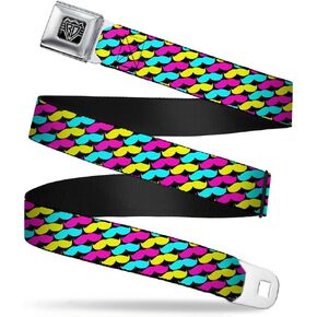 Buckle-Down Seatbelt Belt - Mustache Monogram Black/Fuchsia/Turquoise/Yellow - 1.0" Wide - 20-36 Inches in Length