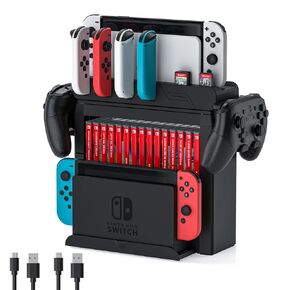 Switch Game Storage with Controller Charger for Nintendo Switch & OLED Model, Switch Charging Dock Charges 6 Joycons, Switch Gaming Accessories Holder for Desk, Switch Game Gift Card Organizer (Black) in Saudi Arabia