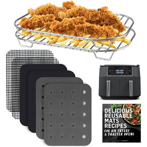 Accessories for Ninja Dual 2 Basket Air Fryer 10 QT DZ401 & 8 QT DZ201, Racks for Foodi Dual Zone, Reusable Liner Sheets for Double Airfryer, 9pcs Kitchen Accessory Set with Recipe Book by INFRAOVENS