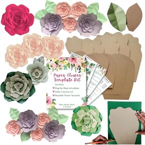 Little Miss Fairytale Two Pack Rose and Peony - Paper Flower Template Kit - Leaf Template Included - Paper Flowers Decorations for Wall - Make Unlimited Flowers