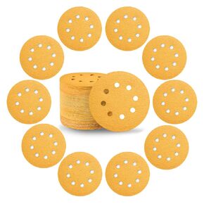 Boereu 5 Inch 8 Hole Sanding Discs Hook and Loop，70pcs Gold Round Hook and Loop Sandpaper for Random Orbital Sander (60-400 Grit)