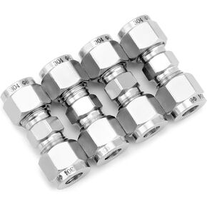 QWORK 304 Stainless Steel Double Ferrule Fitting Set - Pack of 4, 8mm Tube OD, Tube Fitting Union with Double Ferrules, Equal Straight Connect,1/4" OD x 1/4" OD