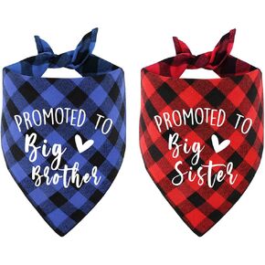 PNTKION 2 Pack Promoted to Big Brother Sister Plaid Cotton Pet Dog Bandana, Pet Dog Pregnancy Announcement Gender Reveal Photo Prop for Dog Lovers Owner Gifts