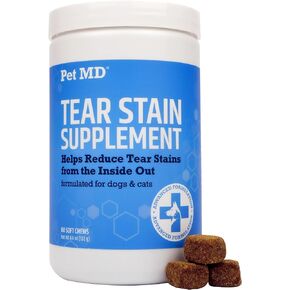 Pet MD Tear Stain Remover for Dogs & Cats - Antioxidant Eye Care Supplement with Lutein, Cranberry, & Omega 3 & 6 - Cat & Dog Tear Stain Remover Chews for White & Light Fur - 60 ct