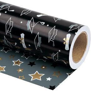 WRAPAHOLIC Reversible Graduation Wrapping Paper - Mini Roll - 17 Inch X 33 Feet - Trencher Cap and Stars for Party, Celebration