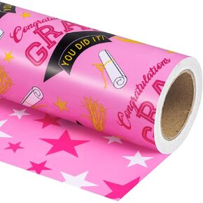 WRAPAHOLIC Reversible Graduation Wrapping Paper - Mini Roll - 17 Inch X 33 Feet - Trencher Cap and Stars for Party, Celebration
