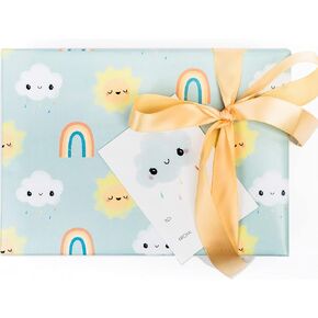 Baby Shower Wrapping Paper Set with ribbon and tags - Baby Gift Wrap Bundle - Perfect for Gender Neutral Baby Gift -Qty. 3 sheets 27" x 39" Folded Baby Gift Wrap (3) + 3 Meters of Yellow Ribbon & 3 Cloud Baby Gift Tags