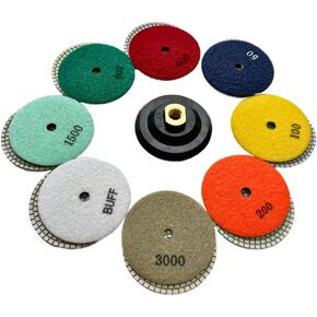 SUSUKII Buff Pads Dry Wet Diamond Polishing Pads Set with 5/8-11 4 Inch Rubber Backer Pads for Porcelain Marble Quartz Stone Granite Concrete Polishing 8 pcs 50-3000 Grit + Buff + Rubber Backer Pads