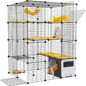 Oneluck Cat Cage with Litter Box,4-Tier DIY Cat Enclosures Large Playpen Detachable Metal Wire Kennel Indoor Crate Large Exercise Place Ideal for 1-3 Cats