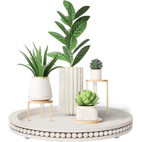 Tray Decor Table Trays Decorative - 12" Beaded Round Trays Home Decor Rustic Farmhouse Table Decor Coffee Table Centerpiece White Wood Tray Decorations for Table Living Room Kitchen Bedroom