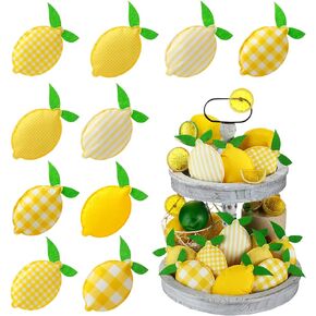 12 Pcs 5 Inch Lemon Tiered Tray Decor Summer Lemon Stuffed Fabric Decoration Lemon-Shaped Kitchen Decor Rustic Farmhouse for Tiered Tray Bowl Fillers Summer Home Supplies (Lemon)