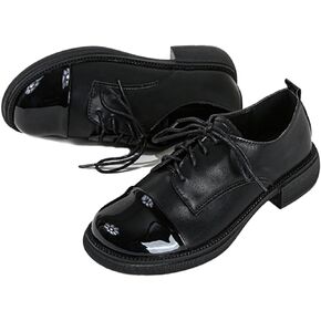 Women's Patent Leather Lace-Up Formal Oxfords Casual Color Matching Round Toe Chunky Heel Dress Shoes for Business Office Work