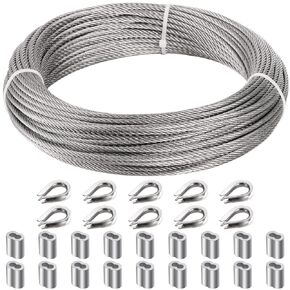 Okllen 1/8" （3MM）Wire Rope, 100FT Stainless Steel Cable, 7x7 Strand Core Metal Wire Cable with 18Pcs Aluminum Crimping Sleeves and 10Pcs Thimbles for Deck Railing Stair Handrail Balusters Clothesline