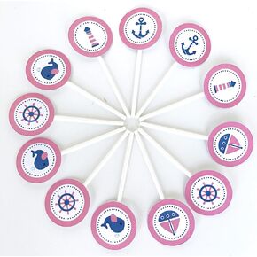 Nautical Girl Cupcake Toppers 12 pcs, whale Cake Picks, Pink Birthday Decoration Party Supplies, Sailor Baby Shower Themed Celebration