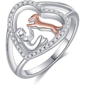 MONGAS Dog and Girl Ring Sterling Silver Heart Ring Dachshund Ring Puppy Jewelry Gifts for Women Girls