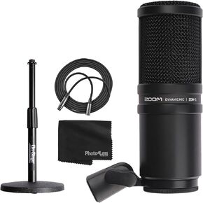 Zoom ZDM-1 Dynamic Microphone + On Stage Adjustable Desk Microphone Stand + Mic Cable XLR-M to XLR-F + Black Cleaning Cloth - Top Value Bundle