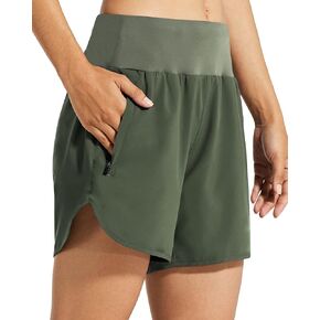 Libin Women's 5 Inches Athletic Running Shorts with Liner Quick Dry Workout Gym Shorts for Lounge Sports with Pockets,Army Green L