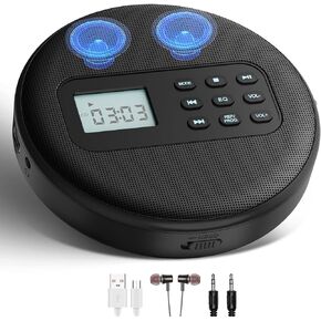 HAYERPOR Portable CD Player with Speakers:Rechargeable Walkman CD Player for Car with Anti-Skip Protection,Discman CD Player with Headphones,Plays Recorded MP3/Audiobook/CD/USB with Memory,Backlit.