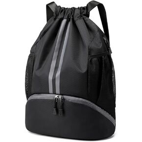 Black Drawstring Gym Bag for Men, Waterproof Drawstring Backpack for Women, Swim Bag with Shoes Compartment, Pull String Sport Bag for Soccer and Basketball.