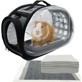 MUYG Carrier Bag for Guinea Pig,Portable Small Animal Carriers Pouch,Outgoing Rabbit Travel Carrying Case with 10PCS Disposable Underpads Breathable & Transparent for Hamster Bird Squirrel (Grey)