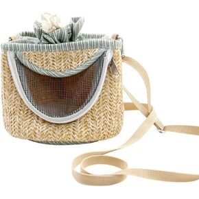 Animal Carrier, Small Pet Carrier Bag Hamster Carrier Bag with Long Detachable Shoulder Strap, Light Coffee Color Straw Mesh Breathable Portable Outgoing Bag for Guinea Pig, Bunny Rat Bird (Green)