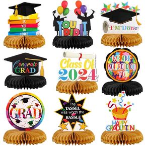 POPGIFTU 9 قطع ديكورات حفلات التخرج فئة 2024 قطعة مركزية لطاولة تهنئة التخرج على شكل قرص العسل لمستلزمات تزيين حفلات التخرج (ملونة) in Kuwait