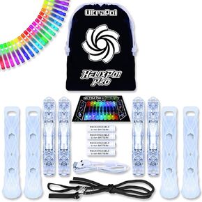 مجموعة UltraPoi HelixPoi Pro - Helix Poi Pro مع مقابض LED UltraKnob Pro - أكثر من 40 نمطًا ونمطًا من الألوان - مصابيح Poi LED قابلة لإعادة الشحن عبر USB مع حافظات متينة ناعمة ومقاود قابلة للتعديل - لعبة دوارة لفنون التدفق