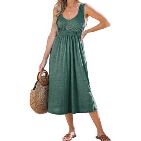 Women's Summer Casual Knit Ruched Midi Dress Crew Neck Short Sleeve High Slit Bodycon Dress