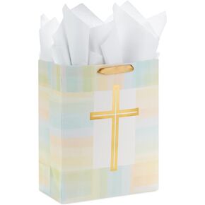 Hallmark 13" Large Religious Gift Bag with Tissue Paper (Gold Cross, Green, Yellow) for Easter, First Communion, Confirmation, Weddings, Clergy Day