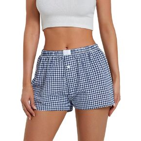 Women's Summer Shorts Cute Elastic Soft Low Waist Plaid Print Button Boxer Pajama Bottoms Y2K Casual Short Pants