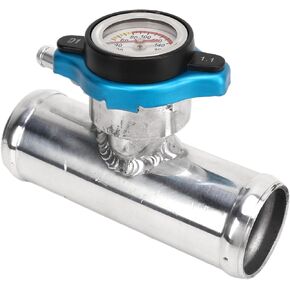 In Line Radiator Hose Filler Neck Cap, Radiator Coolant Filler, Radiator Cap with T Branch Water Pipe Kit, 38mm 1‑1/2in OD with Temp Display Cap T6061 Aluminum Polished Surface