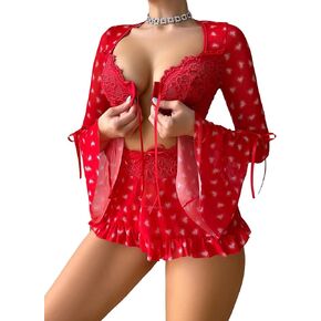 RoseSeek Women's Heart Print Lingerie Set Flare Sleeve Open Front Bralettes Tops and Thongs with Mesh Mini Skirt