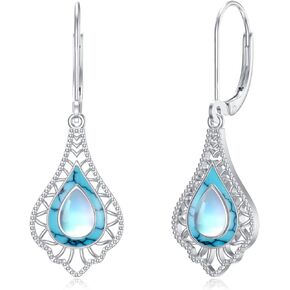 PROESS Teardrop Boho Earrings for Women Sterling Silver Moonstone/Turquoise Leverback Bohemian Earring Teardrop Jewelry Birthday Christmas Gifts