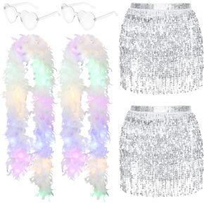 SUBANG 4.4 Yards 40G LED Feather Boa for Craft Party, 8 Pcs Turkey Feather Boas, Heart Sunglasses, LED Light, Tassel Skirt