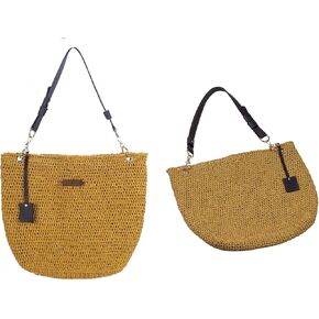 Sunny Allure: Straw Yellow Paper String Bag with Chic Snake Leather Handle, Lined Interior, and Playful Tassel Accents! in Saudi Arabia