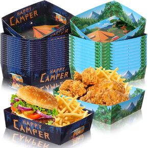 Ziliny 36 Pcs Camping Party Supplies 5 lbs Camping Adventure Nacho Boats Large Paper Serving Trays for Burger Fries Hot Dog Taco BBQ Popcorn Campfire Hiking Camper Theme Forest Nature Hiking Party