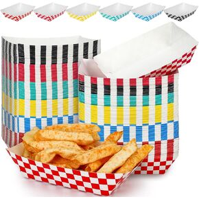 Mifoci 120 Pcs 1 lb Disposable Food Tray Checkered Paper Food Boats Colorful Burger Holder Paperboard Nacho Containers Nacho Plates Serving Dishes for Snacks Hot Dogs Sandwich Burger Chip Tacos Fries