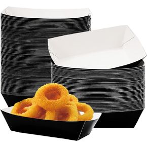 Whaline 100Pcs Disposable Paper Food Trays Black Paper Food Boat 1lb - Grease-Resistant Paper Food Serving Boats for Christmas Appetizers Parties Carnivals Concession Stand Supplies French Fry Holder