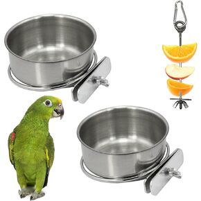 Hamiledyi Parrot Feeding Cup,Bird Food Dish Stainless Steel Bird Cage Feeding Bowls with clamp Holder-for Parrot Macaw African Gray Parakeet Canary Cockatie Conure(3 Pcs)