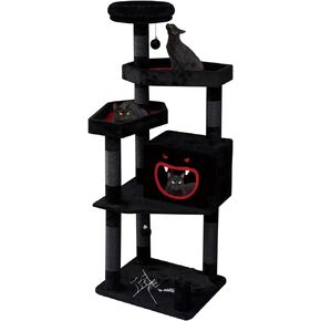 YARUOMY Gothic Cat Tree with Coffin Bed，62.5" Black Cat Tower with Spacious Demon Styled Cat Condo，Cozy Plush Perch, Scratching Posts，Hanging Ball，Multi-Level Cat Activities Furniture for Large Cats