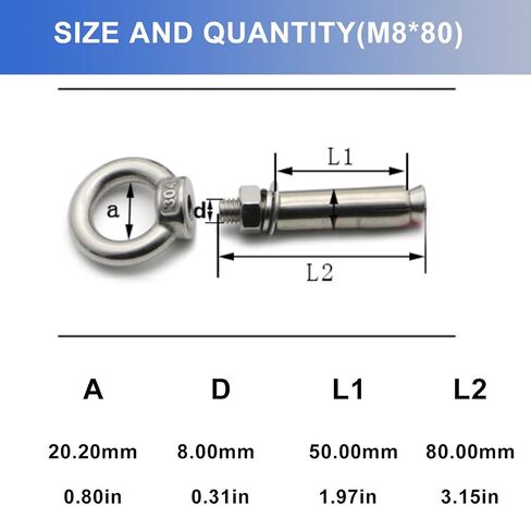 Amycheer حلقة رفع توسيع Eyebolt المسمار الترباس 304 الفولاذ المقاوم للصدأ مغلق هوك مرساة العين الترباس جدار الطوب الخرساني توسيع مسامير البراغي المراسي السحابة M8x60mm 5 حزمة in Kuwait