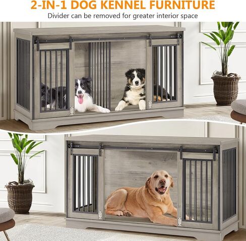 Yafylly 2-in-1 Double Dog Crate Furniture with Divider 60.6 Inch Grey Sturdy Dog Kennel TV Stand with 2 Sliding Doors and Thick Iron Door Frame for 2 Dogs in Saudi Arabia