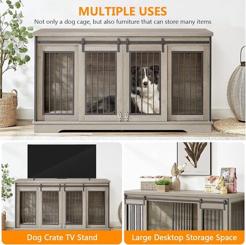Yafylly 2-in-1 Double Dog Crate Furniture with Divider 60.6 Inch Grey Sturdy Dog Kennel TV Stand with 2 Sliding Doors and Thick Iron Door Frame for 2 Dogs in Saudi Arabia